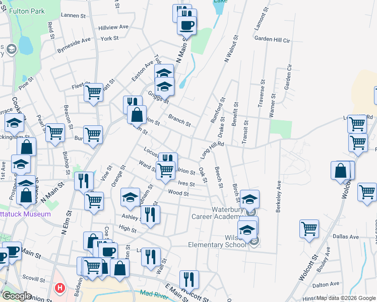 map of restaurants, bars, coffee shops, grocery stores, and more near 12 Violet Street in Waterbury