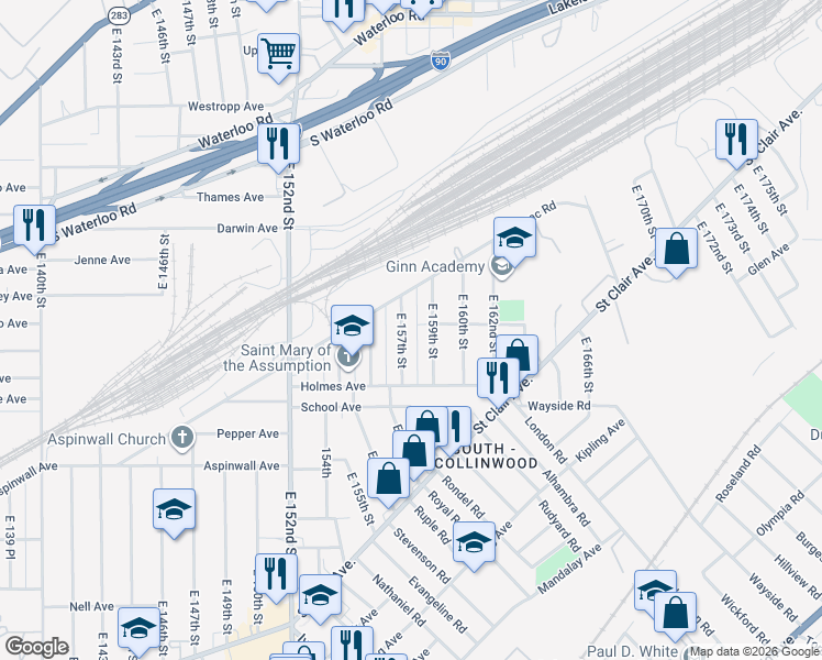 map of restaurants, bars, coffee shops, grocery stores, and more near 690 East 157th Street in Cleveland