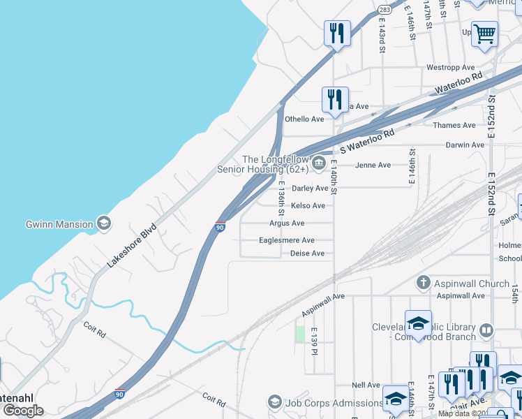 map of restaurants, bars, coffee shops, grocery stores, and more near 13414 Kelso Avenue in Cleveland