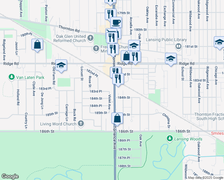 map of restaurants, bars, coffee shops, grocery stores, and more near 2362 183rd Place in Lansing