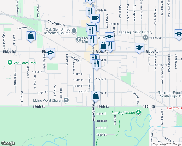 map of restaurants, bars, coffee shops, grocery stores, and more near 2362 183rd Place in Lansing