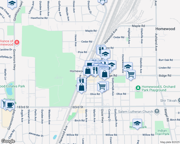 map of restaurants, bars, coffee shops, grocery stores, and more near in Homewood