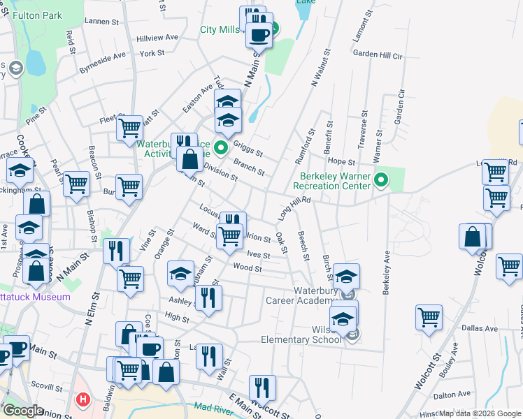 map of restaurants, bars, coffee shops, grocery stores, and more near 12 Violet Street in Waterbury