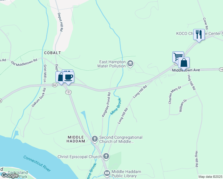 map of restaurants, bars, coffee shops, grocery stores, and more near 2 Coughlin Road in East Hampton