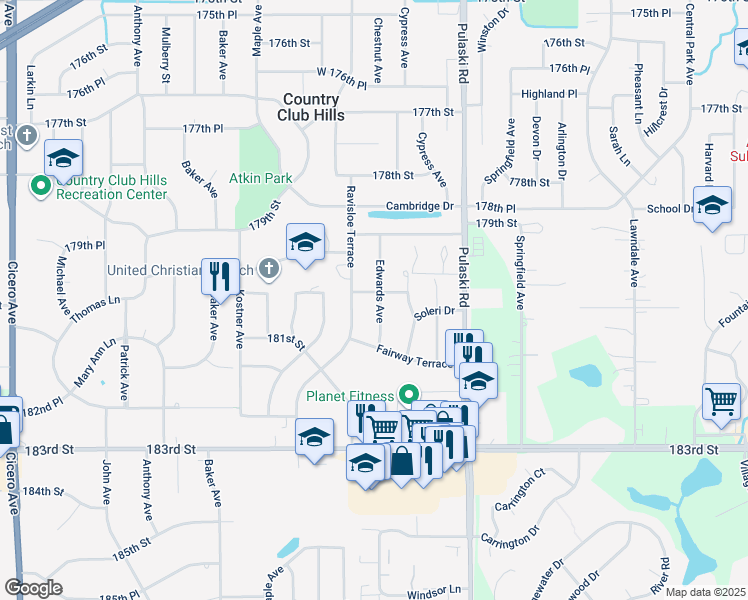 map of restaurants, bars, coffee shops, grocery stores, and more near 18020 Edwards Avenue in Country Club Hills