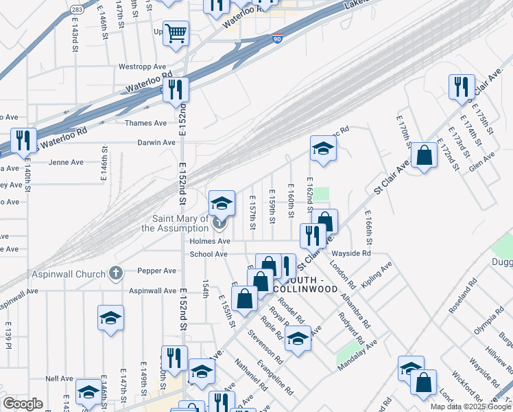 map of restaurants, bars, coffee shops, grocery stores, and more near 690 East 157th Street in Cleveland