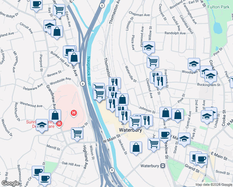 map of restaurants, bars, coffee shops, grocery stores, and more near 198 Thomaston Avenue in Waterbury