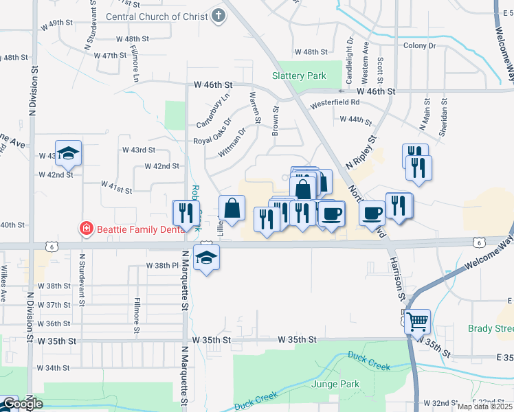 map of restaurants, bars, coffee shops, grocery stores, and more near 1002 West Kimberly Road in Davenport