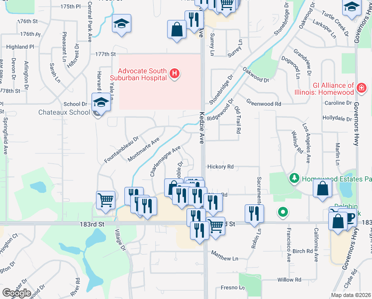 map of restaurants, bars, coffee shops, grocery stores, and more near 3209 Charlemagne Avenue in Hazel Crest