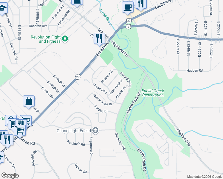 map of restaurants, bars, coffee shops, grocery stores, and more near 20001 Green Oak Drive in Euclid