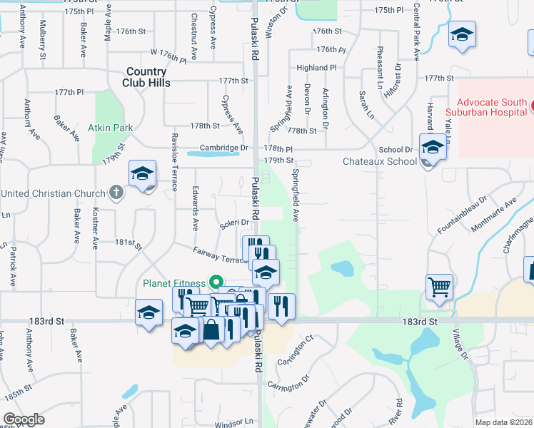 map of restaurants, bars, coffee shops, grocery stores, and more near 18025 Crawford Avenue in Homewood