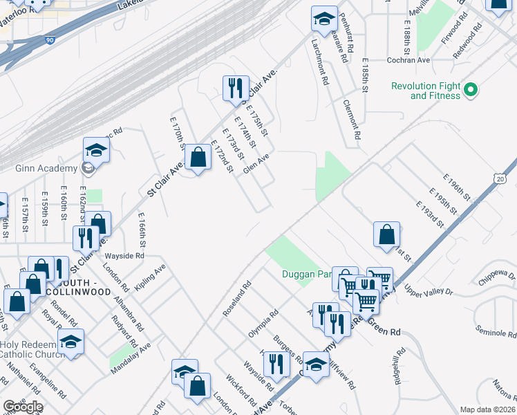 map of restaurants, bars, coffee shops, grocery stores, and more near 1561 East 172nd Street in Cleveland