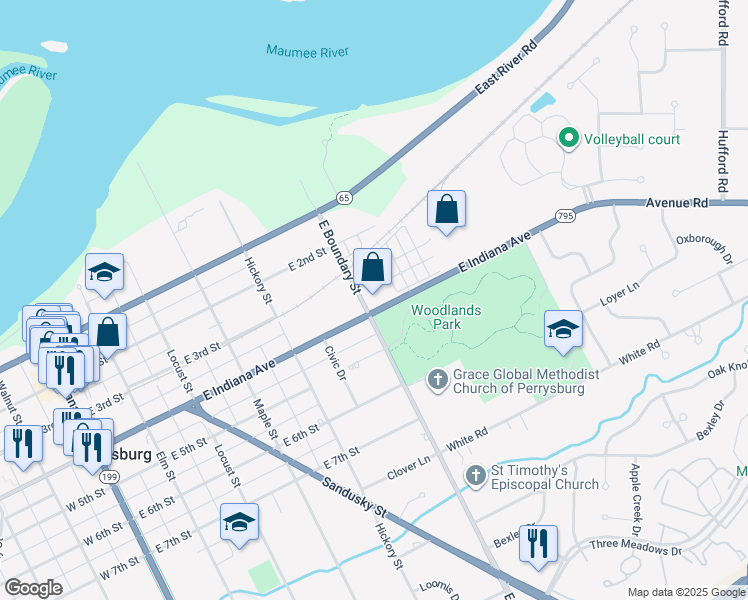 map of restaurants, bars, coffee shops, grocery stores, and more near 351 East Boundary Street in Perrysburg