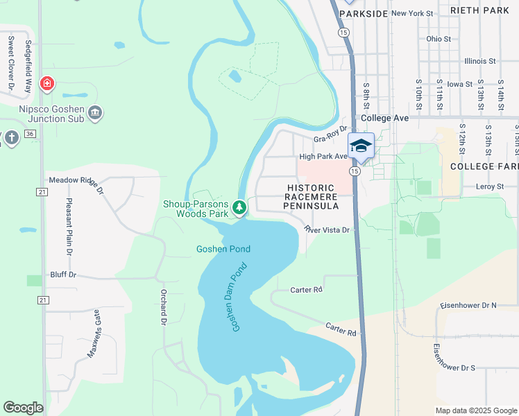 map of restaurants, bars, coffee shops, grocery stores, and more near 413 River Vista Drive in Goshen