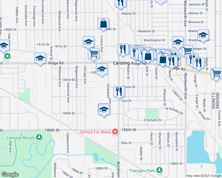 map of restaurants, bars, coffee shops, grocery stores, and more near 3131 Illinois Street in Lansing