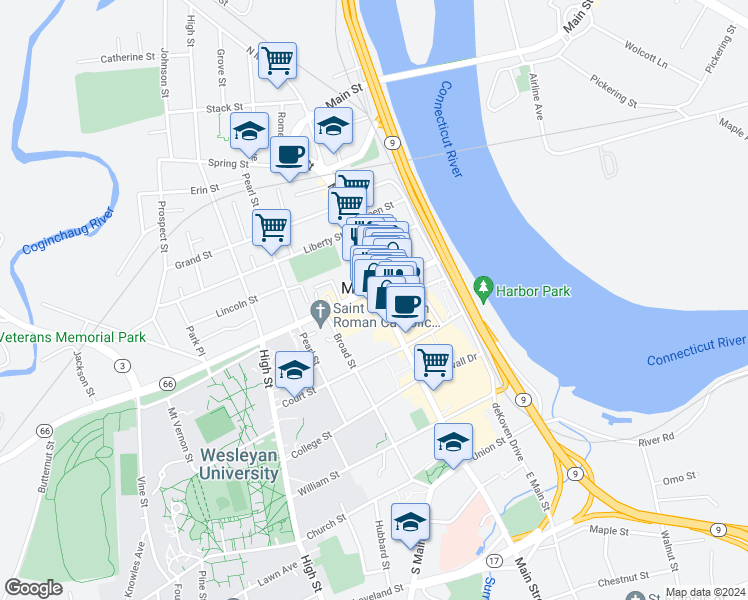 map of restaurants, bars, coffee shops, grocery stores, and more near 423b Main Street in Middletown