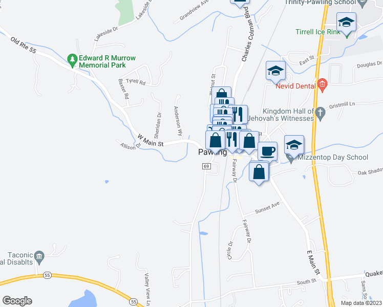 map of restaurants, bars, coffee shops, grocery stores, and more near 47 West Main Street in Pawling