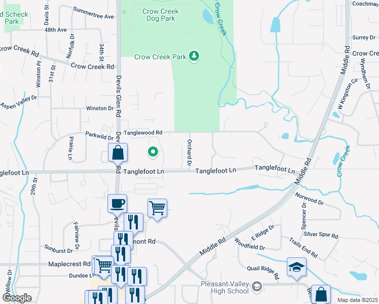 map of restaurants, bars, coffee shops, grocery stores, and more near Orchard Drive in Bettendorf