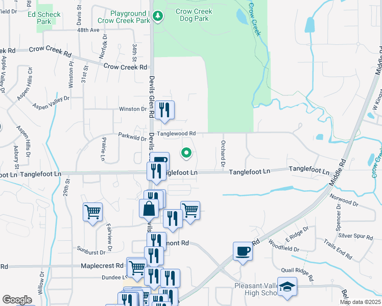 map of restaurants, bars, coffee shops, grocery stores, and more near Tanglefoot Ln in Bettendorf