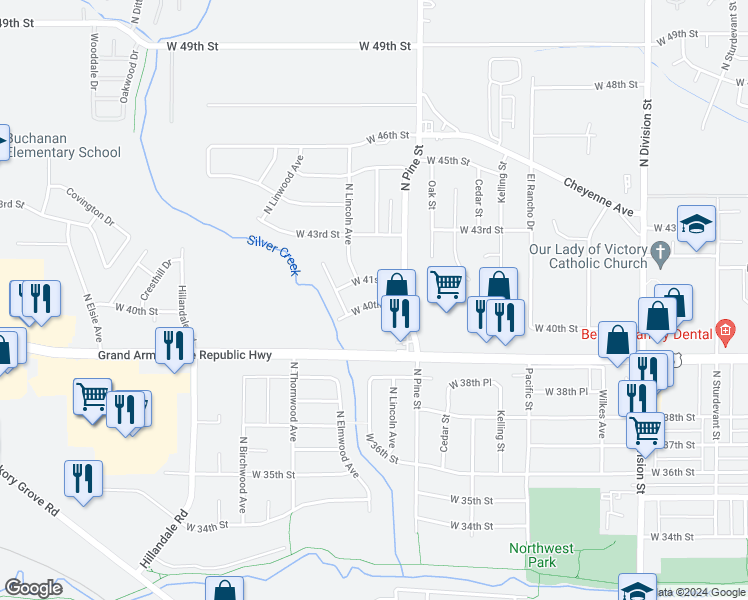 map of restaurants, bars, coffee shops, grocery stores, and more near 2332 West 40th Street in Davenport