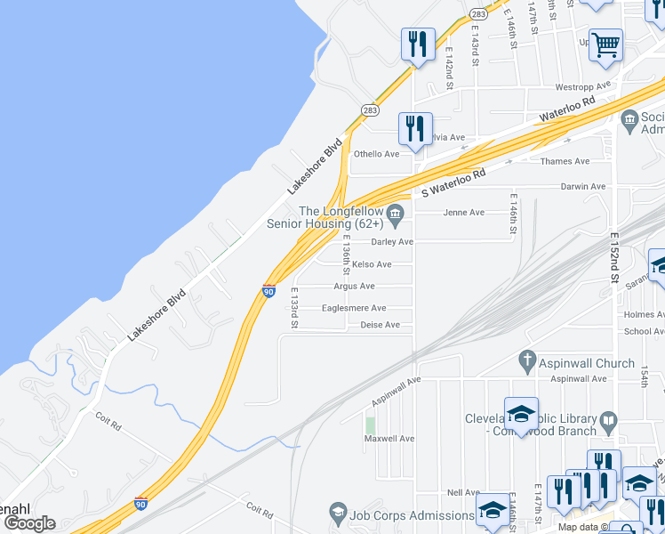 map of restaurants, bars, coffee shops, grocery stores, and more near 13504 Kelso Avenue in Cleveland