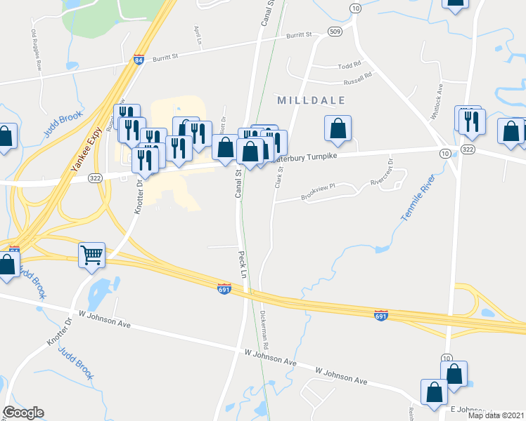 map of restaurants, bars, coffee shops, grocery stores, and more near 352 Clark Street in Southington