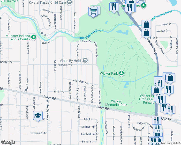 map of restaurants, bars, coffee shops, grocery stores, and more near 8330 Crestwood Avenue in Munster