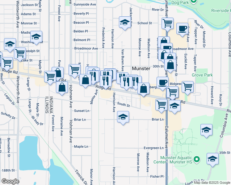 map of restaurants, bars, coffee shops, grocery stores, and more near 506 Ridge Road in Munster