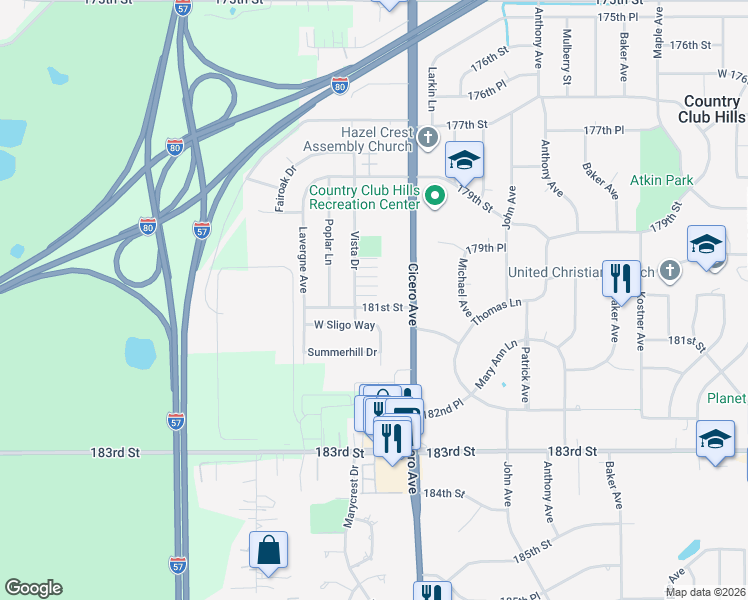 map of restaurants, bars, coffee shops, grocery stores, and more near 4820 181st Street in Country Club Hills