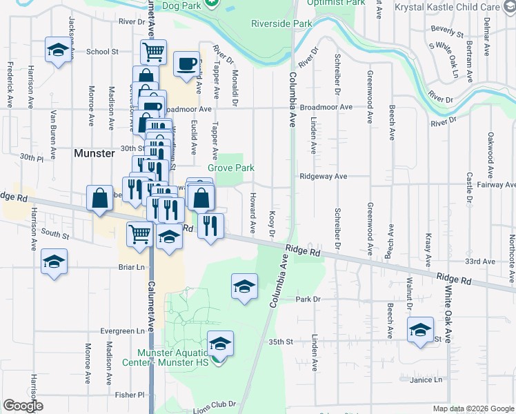 map of restaurants, bars, coffee shops, grocery stores, and more near 8327 Howard Avenue in Munster