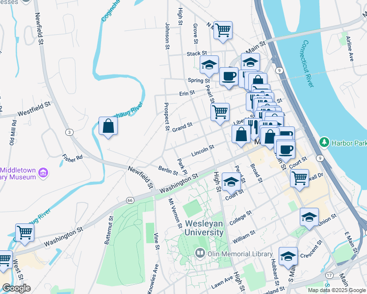 map of restaurants, bars, coffee shops, grocery stores, and more near 167 Liberty Street in Middletown