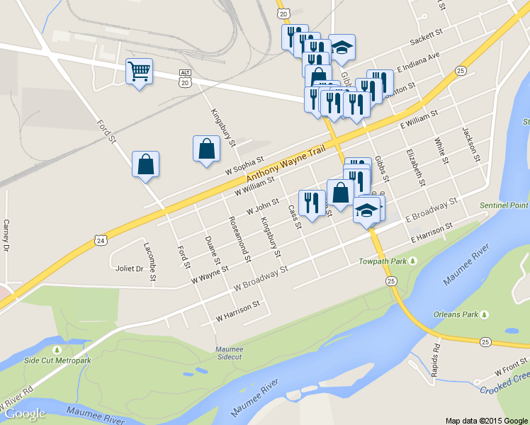 map of restaurants, bars, coffee shops, grocery stores, and more near 326 West John Street in Maumee