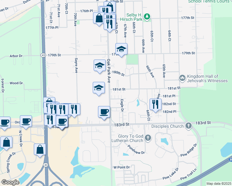 map of restaurants, bars, coffee shops, grocery stores, and more near 6737 181st Street in Tinley Park
