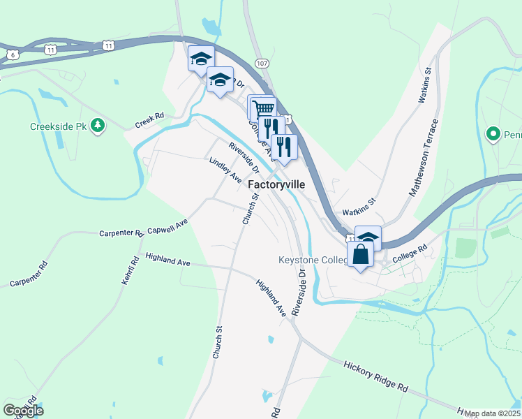 map of restaurants, bars, coffee shops, grocery stores, and more near 9 Lindley Avenue in Factoryville