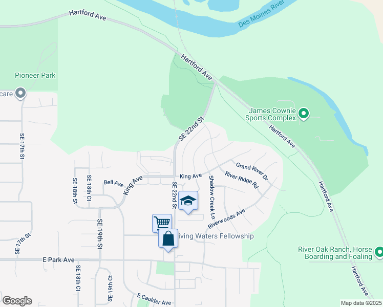 map of restaurants, bars, coffee shops, grocery stores, and more near 2528 River Meadows Drive in Des Moines
