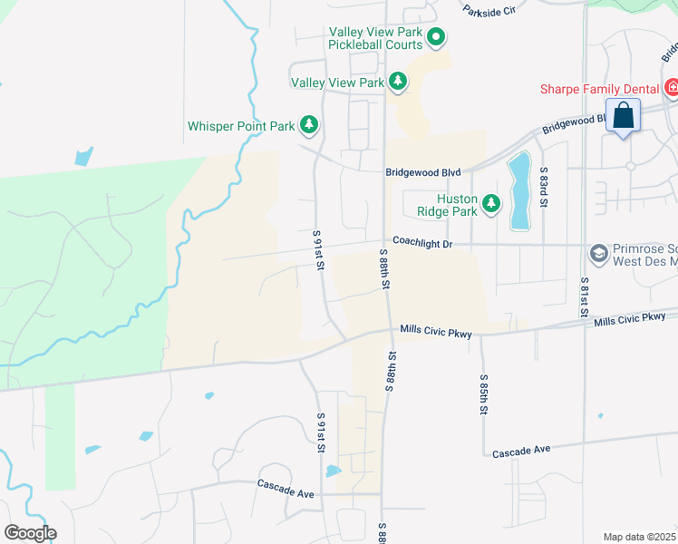 map of restaurants, bars, coffee shops, grocery stores, and more near 8950 Coachlight Drive in West Des Moines