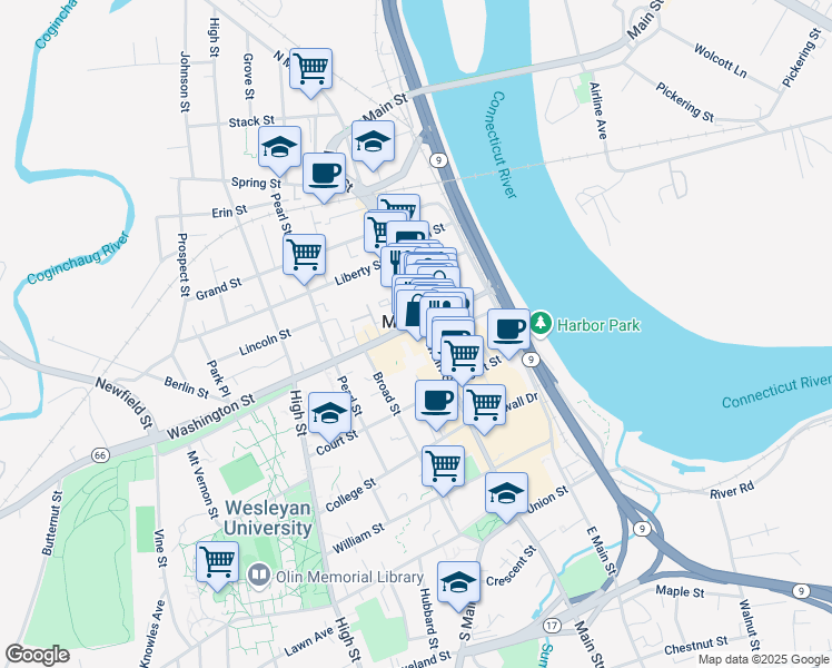 map of restaurants, bars, coffee shops, grocery stores, and more near 425 Main Street in Middletown