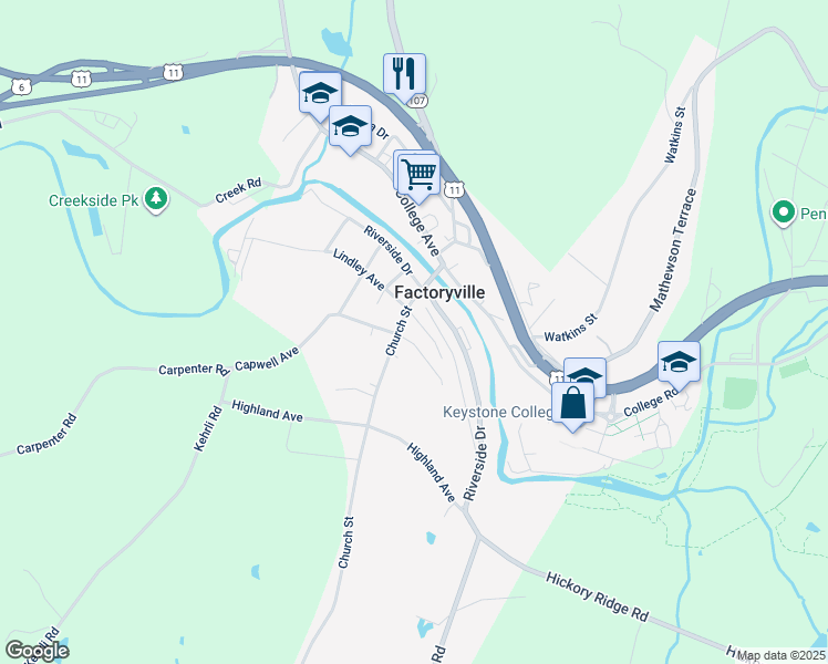 map of restaurants, bars, coffee shops, grocery stores, and more near 9 Lindley Avenue in Factoryville