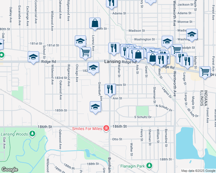 map of restaurants, bars, coffee shops, grocery stores, and more near 18304 Burnham Avenue in Lansing