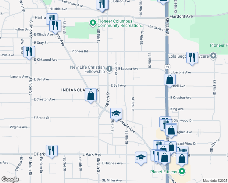 map of restaurants, bars, coffee shops, grocery stores, and more near 2516 Southeast 7th Street in Des Moines