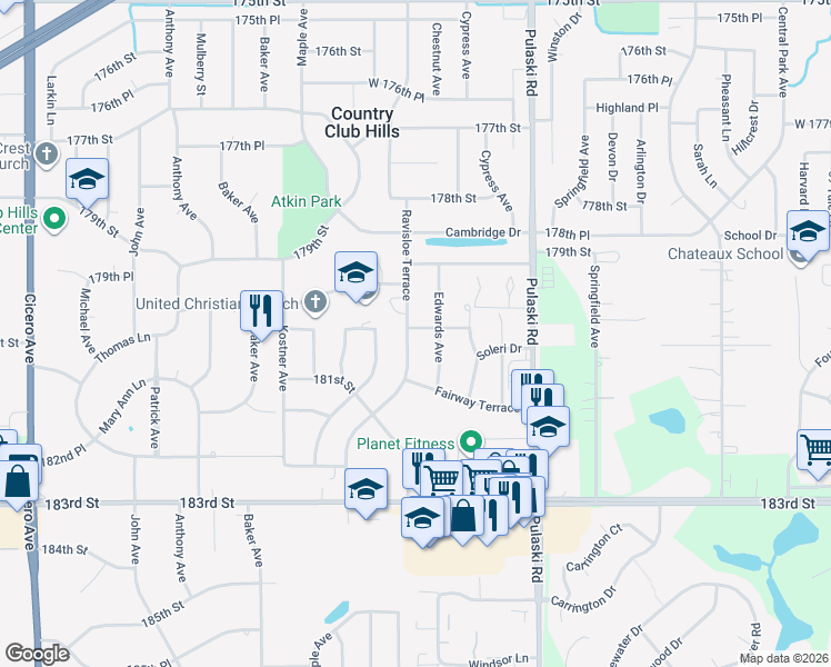 map of restaurants, bars, coffee shops, grocery stores, and more near 18017 Ravisloe Terrace in Country Club Hills