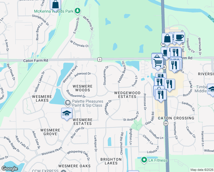 map of restaurants, bars, coffee shops, grocery stores, and more near 2214 Stonehaven Drive in Plainfield