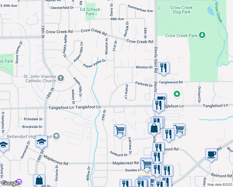 map of restaurants, bars, coffee shops, grocery stores, and more near 3065 Parkwild Drive in Bettendorf