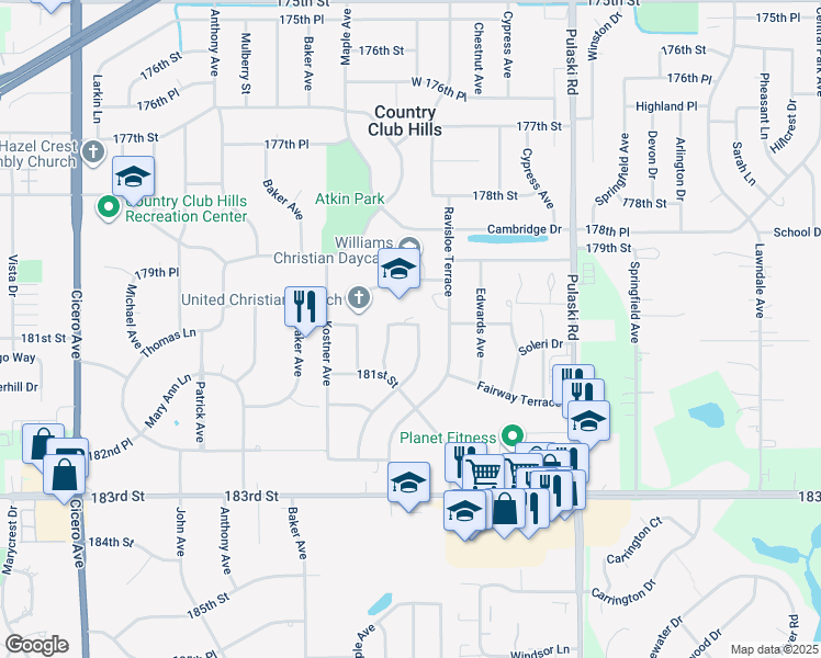 map of restaurants, bars, coffee shops, grocery stores, and more near 18016 Idlewild Drive in Country Club Hills