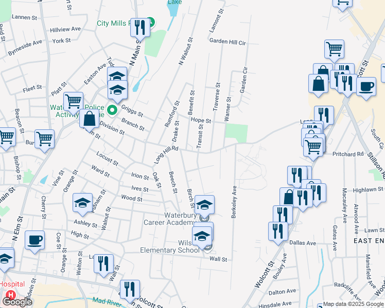 map of restaurants, bars, coffee shops, grocery stores, and more near 158 Long Hill Road in Waterbury