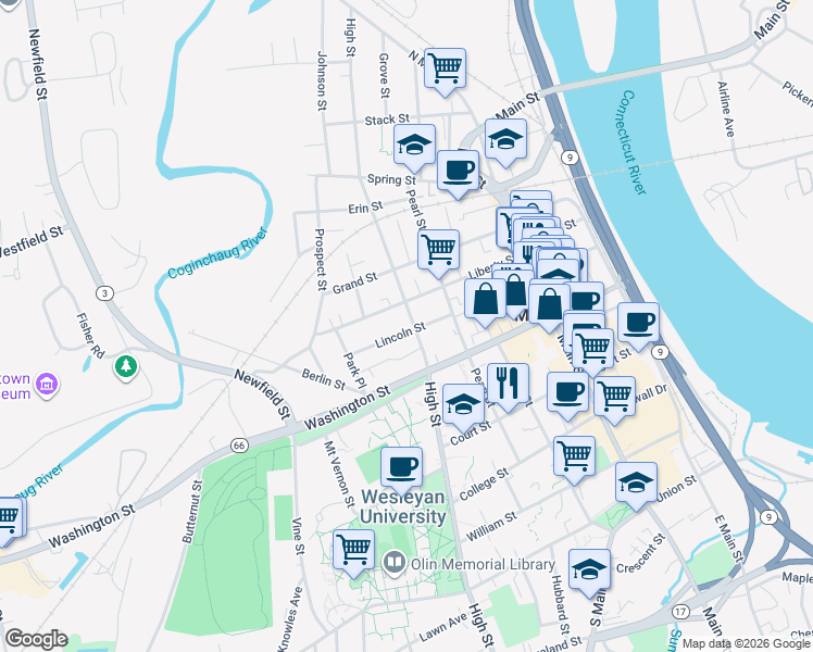 map of restaurants, bars, coffee shops, grocery stores, and more near 128 Lincoln Street in Middletown