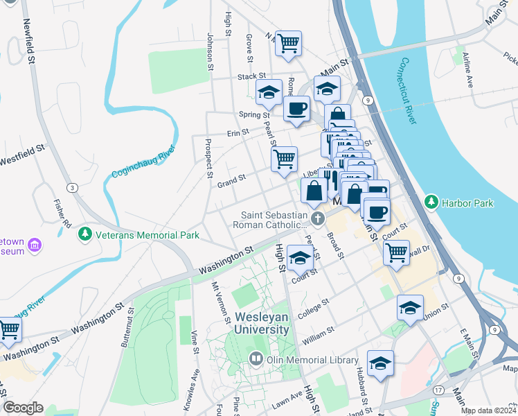 map of restaurants, bars, coffee shops, grocery stores, and more near 128 Lincoln Street in Middletown