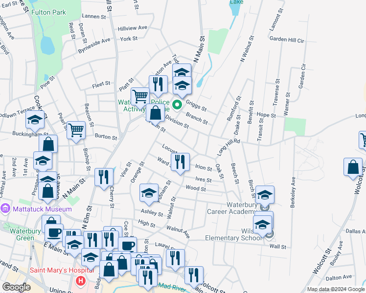 map of restaurants, bars, coffee shops, grocery stores, and more near 122 East Farm Street in Waterbury