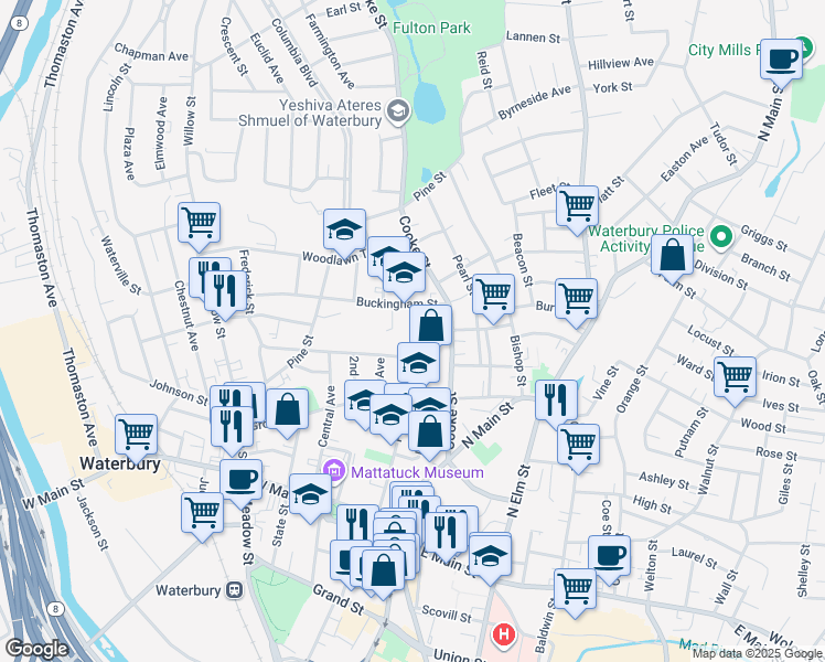 map of restaurants, bars, coffee shops, grocery stores, and more near 192 Prospect Street in Waterbury