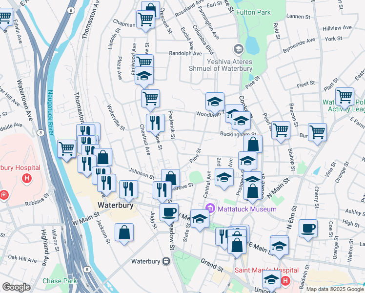 map of restaurants, bars, coffee shops, grocery stores, and more near 170 Hillside Avenue in Waterbury